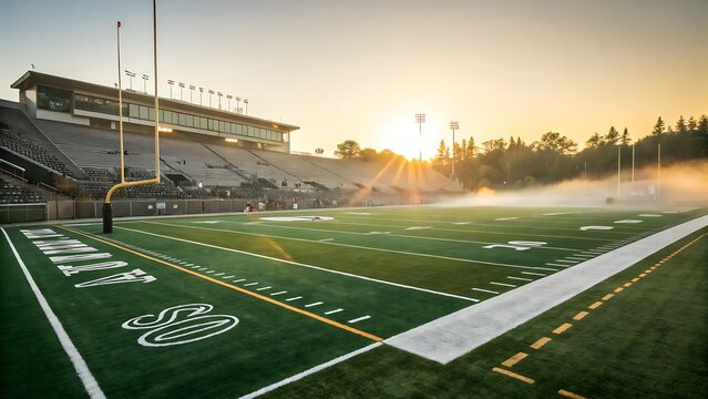 Wide-angle view of an American football field at golden hour, with freshly painted yard lines, vibrant green turf, and goalposts gleaming under the fading sunlight.