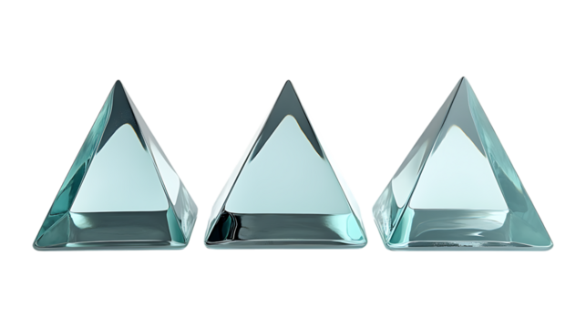 Pack of Glass Pyramid set of Three Different Poses set Against Transparent Background for Decorative Design, Home Styling, or Architectural Projects