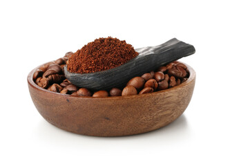 Wooden spoon with coffee powder in bowl of beans isolated on white background