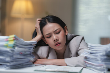 Young professional struggling with burnout, experiencing workplace stress from excessive paperwork...