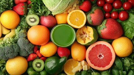 A flat lay of freshly squeezed juice with citrus fruits for a healthy business display pic