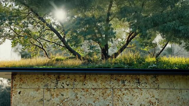 Greenery thrives atop a flat roof, integrated with a textured stone wall