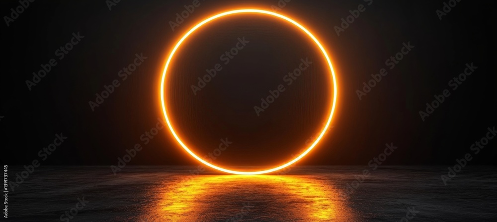 Poster abstract background with neon circular light in empty dark room with reflective surface.