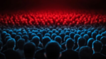 Crowd Silhouette in Red and Blue Lights Symbolizing Unity and Division in Society