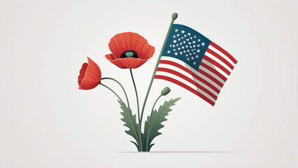 vibrant poppy flower arrangement featuring flag, symbolizing patriotism and remembrance. red poppies stand out against soft background, evoking sense of honor and respect