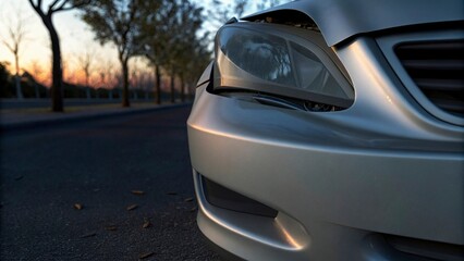 Fototapeta premium Car accident scene urban roadway vehicle damage evening light close-up view safety awareness and prevention