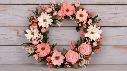 Blush Floral Hoop Arrangement on Rustic Wood Background