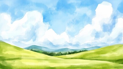 Obraz premium Rolling green hills meet a vast sky filled with puffy white clouds in a watercolor-style landscape
