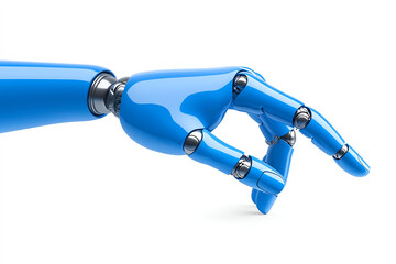 Futuristic blue robotic hand posed elegantly against white background.