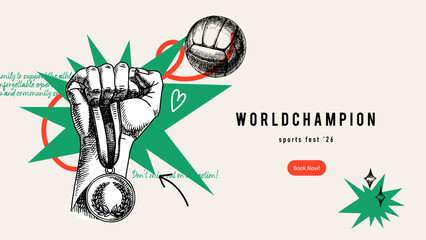 Poster with sport trophy, medal, and game ball hand drawn in vintage sketch style. Celebration of athletic victory, motivation, and team spirit. Vector illustration.