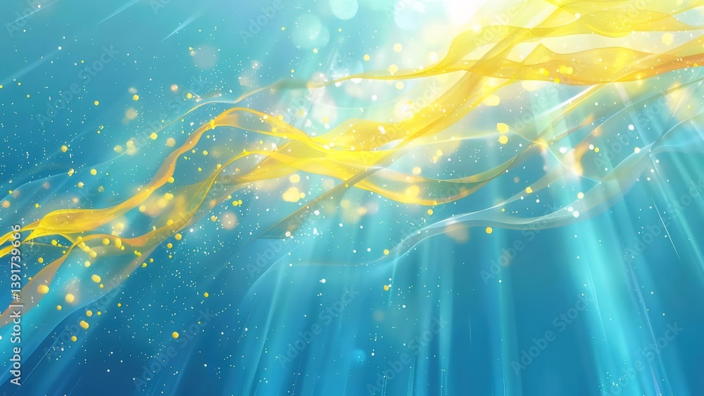 Poster abstract background featuring golden lines and glimmering particles on a gradient blue backdrop with
