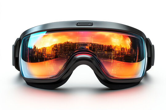 Futuristic ski goggles with vibrant mirrored lenses reflecting a snowy landscape and bright colors.