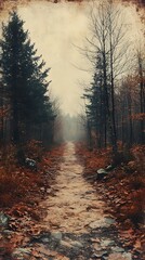 Obraz premium Misty Forest Path Phone Wallpaper Serene 4K Vertical Autumn Background with Trees and Fallen Leaves