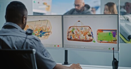 Airport Security Checkpoint: African American Security Officer Monitoring X-ray Scanning of Luggage...