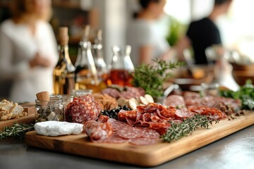 Obraz premium beautifully arranged board featuring assorted meats, fresh herbs