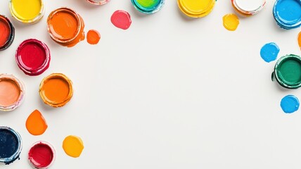 A vibrant top view of a weekend painting hobby with colorful materials and tools laid out artistically.