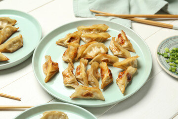 Plates with tasty Chinese jiaozi, onion and sauce on white wooden background