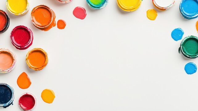 A vibrant top view of a weekend painting hobby with colorful materials and tools laid out artistically.
