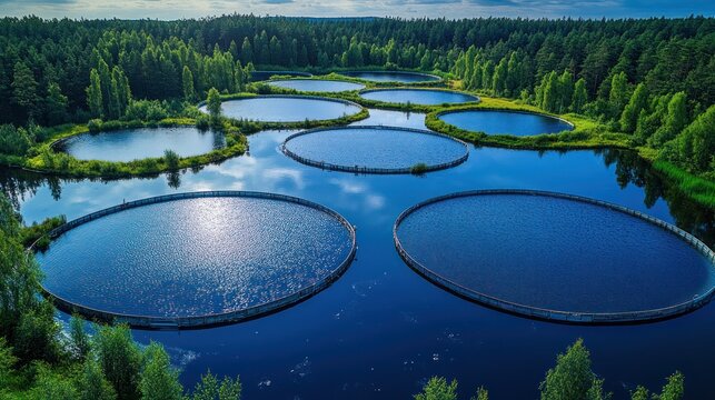 Aerial view of circular water treatment lagoons in a forest.