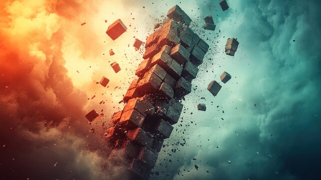 A crumbling tower made of blocks, with the top pieces falling off, symbolizing collapse