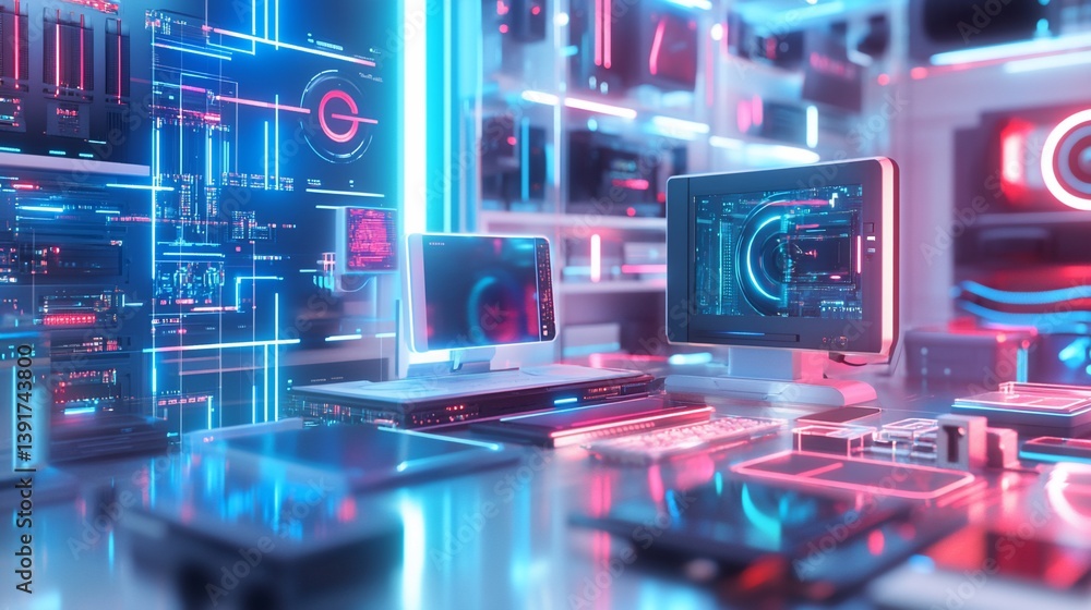 Poster futuristic technology lab with glowing neon displays and advanced computers