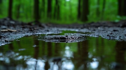 Fototapeta premium Puddle in a forest path. Dark water reflects lush green trees. A small rock is visible through the still water