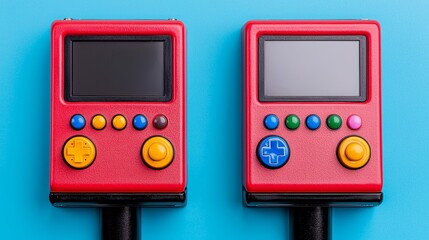 Vintage Arcade Style Game Controllers on Blue Background
