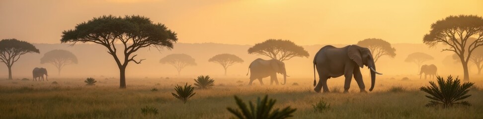 Fototapeta premium Elephant walks slowly through the dense, foggy savannah grasslands, surrounded by trees and a few scattered acacia bushes , wildlife, elephant