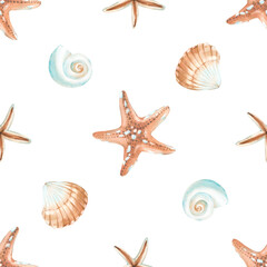 Sea shells and starfish seamless watercolor pattern. Hand drawn ornament. Template for textile design, label, fabric and wallpaper.