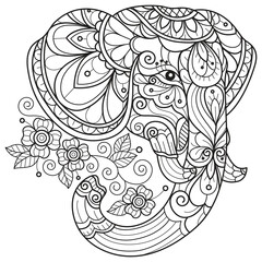 Cute elephant head hand drawn for adult coloring book