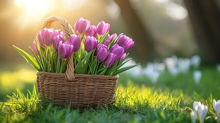 Obraz premium blooming purple tulips in sunlit basket with white crocuses vibrant spring garden flowers surrounded by fresh green grass outdoor floral scene