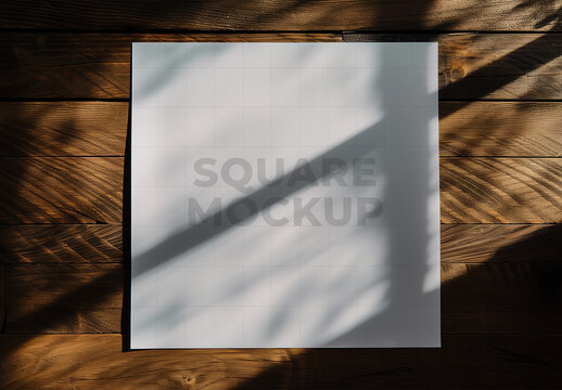 Square Paper Mockup on Dark Wood with Dramatic Shadows