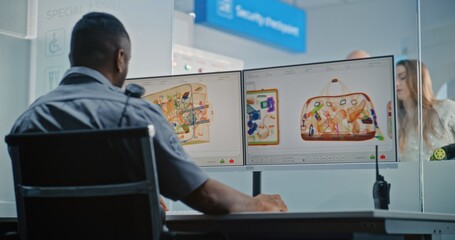 Airport Security Checkpoint: African American TSA Worker Controlling X-ray Metal Detector Scanning...