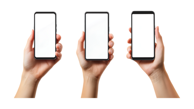 Pack of Hand Holding Smartphone set of Three Different Poses set Against Transparent Background for Technology Branding, Mobile Marketing, or Gadget Design Projects