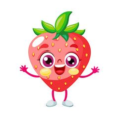 Fototapeta premium funny cartoon strawberry, Cute Cartoon Strawberry Character with Big Eyes and Happy Smile Vector