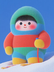 Happy knitted fluffy toys are skiing down the mountain