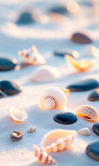 Vertical background of white sand beach dotted with smooth pebbles and delicate bleached shells, minimalist, simplicity and natural textures, AI generated.
