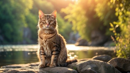 A tabby cat with striking green eyes stands on a large rock by a serene riverbank