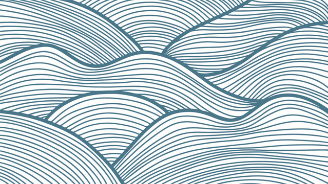 horizontal stylish abstract background in zentangle style, wavy line art background in blue on white, many lines waves