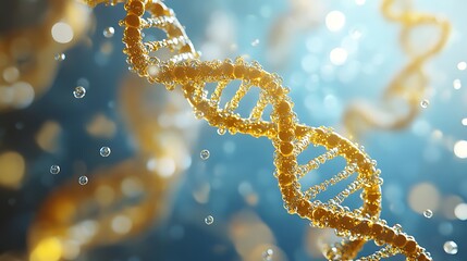 yellow dna double helix spiral gracefully floating on blue background with light bokeh bubbles futuristic science molecular biology concept illustration