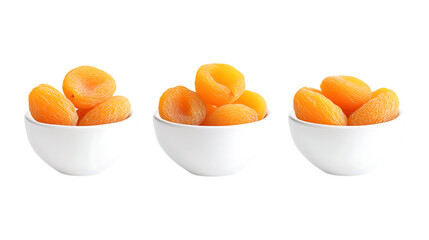 Pack of Dried Apricots in a White Bowl set of Three Different Poses set Against Transparent Background for Food Branding, Snack Packaging, or Culinary Projects