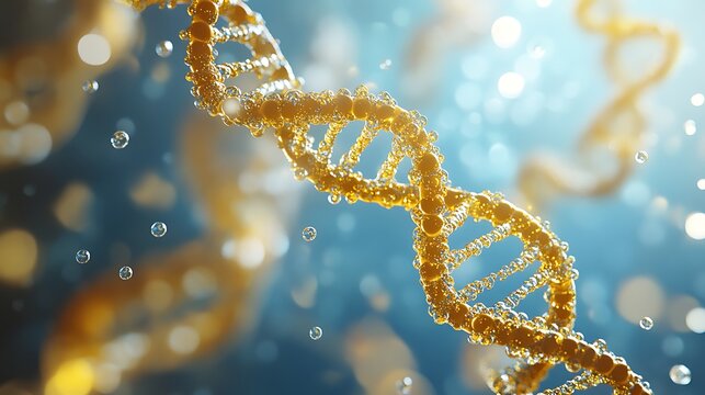 yellow dna double helix spiral gracefully floating on blue background with light bokeh bubbles futuristic science molecular biology concept illustration