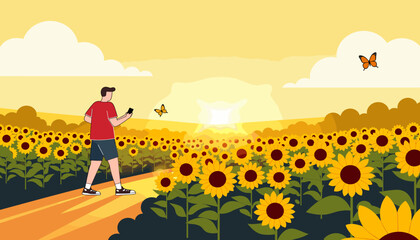 Person enjoying a sunset walk through a sunflower field  