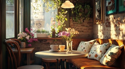 A cozy corner in a caf with vintage dcor and soft spring lighting, creating an inviting ambiance for customers pic