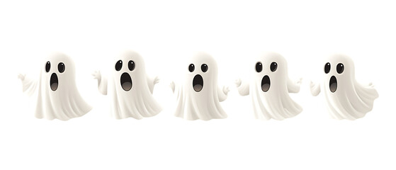 Fototapeta premium Pack of Cute Ghost Boo set of Five Different Poses set Against Transparent Background for Halloween Designs, Kids Projects, or Spooky-Themed Branding