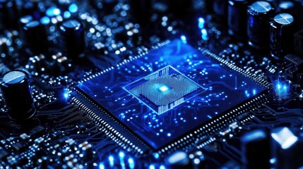 Fototapeta premium Circuit Board Background with Blue Light: Stunning Digital Illustration Image