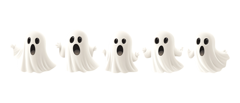 Pack of Cute Ghost Boo set of Five Different Poses set Against Transparent Background for Halloween Designs, Kids Projects, or Spooky-Themed Branding