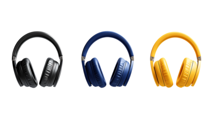 Pack of Headphones set of Three Different Poses set Against Transparent Background for Audio Branding, Tech Product Marketing, or Music Design Projects