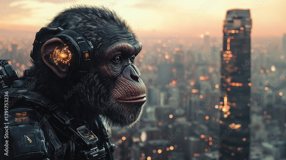 Poster futuristic digital photo of primate evolution into cybernetic organisms,showcasing transition from n