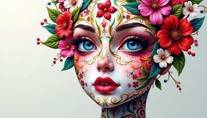 Intricate floral pattern forming a face shape, colorful, subtle